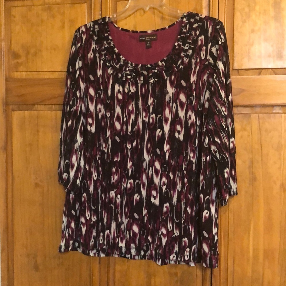 Dana Buchman Black Burgundy Tan Animal Print Blouse 3X